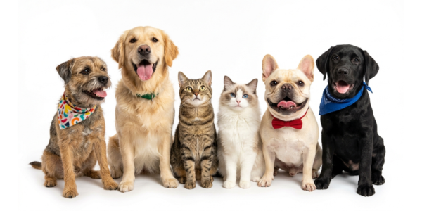 Perros y gatos felices, vestidos viendo a la cámara